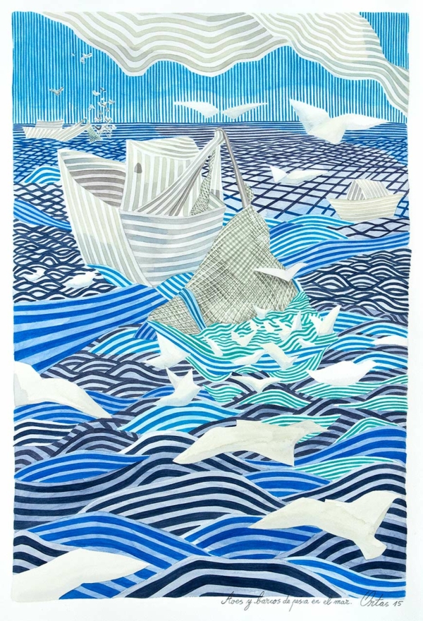 Aves y barcos de pesca en el mar