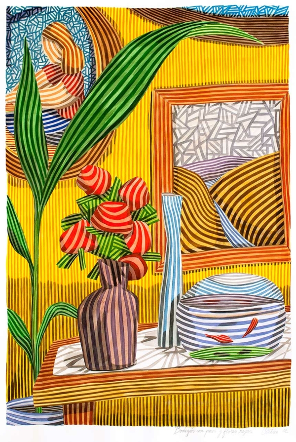 Bodegón con peces y flores rojas